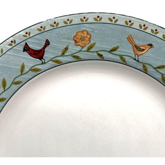 Set Of 2 Warren Kimble "Birdhouse" Stoneware Plates Birds Vines on Green Border - Picture 1 of 8